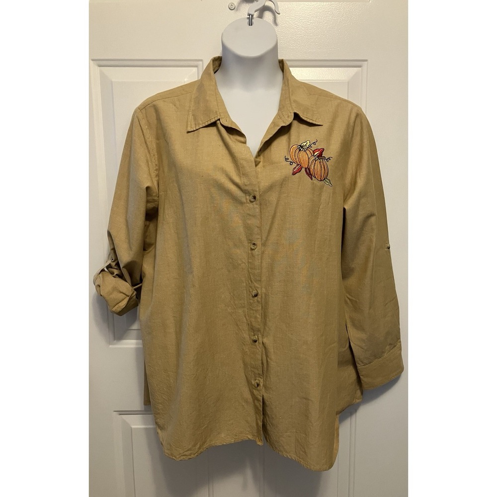Women's Country Store Plus Sz‎ 2X Tan Brown Pumpkin Embroidered Button Up Shirt